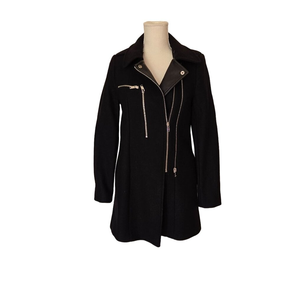ZARA Woman Moto Biker Wool Faux Leather Black Coat Women's Small